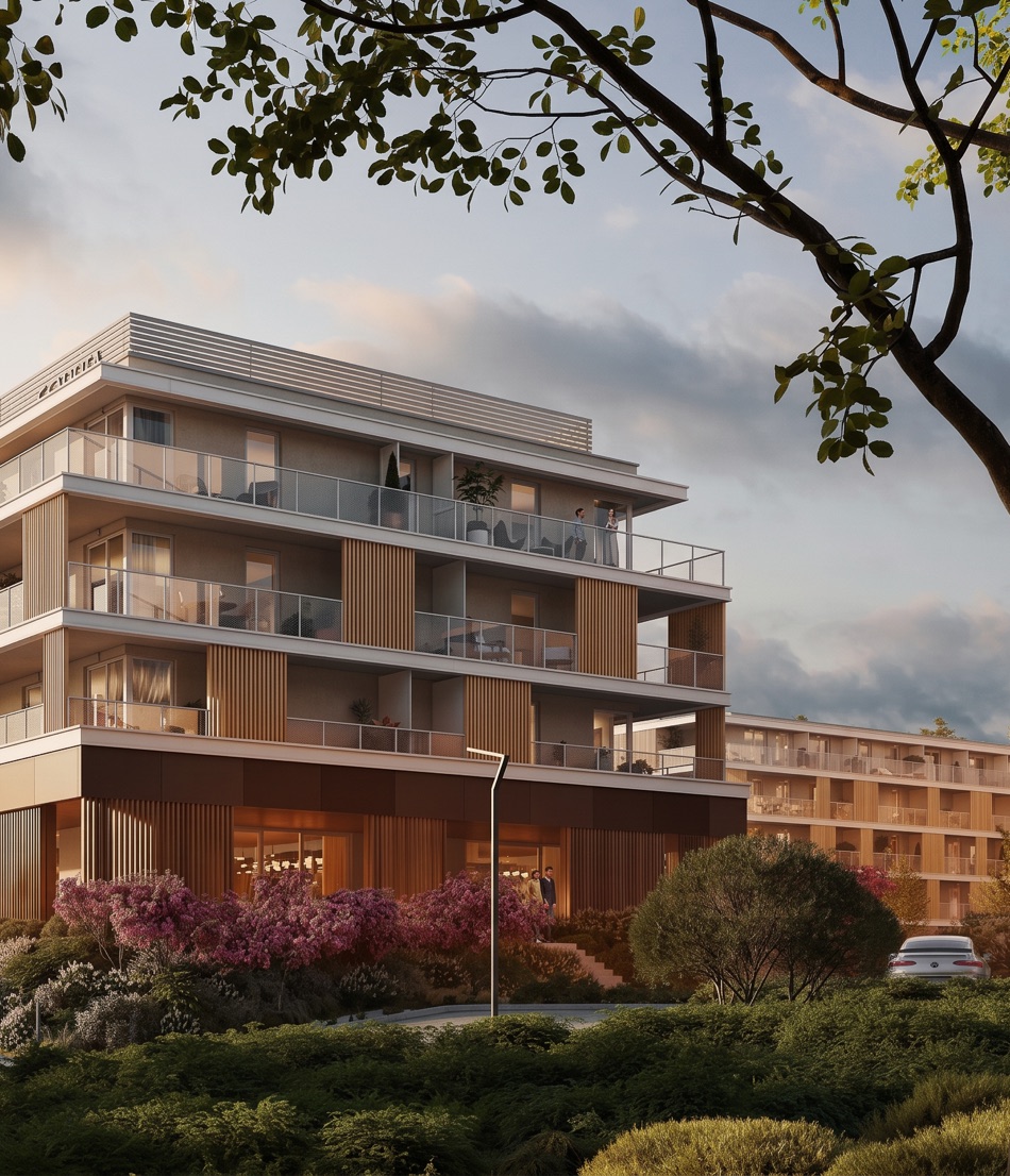 Wizualizacja apartamentowca Cordia otoczonego zielenią
