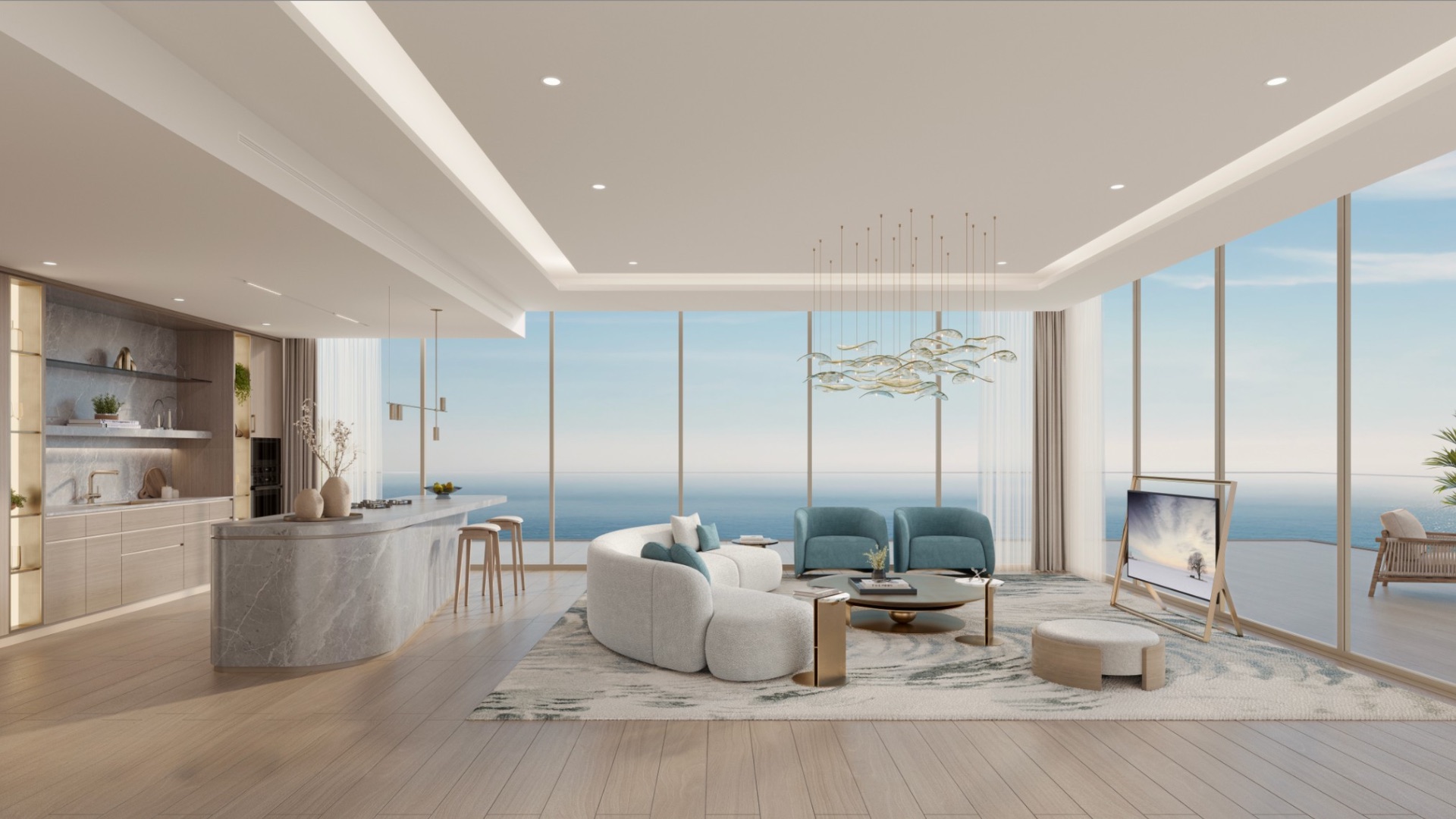 Wnętrze apartamentu — salon z widokiem na zatokę