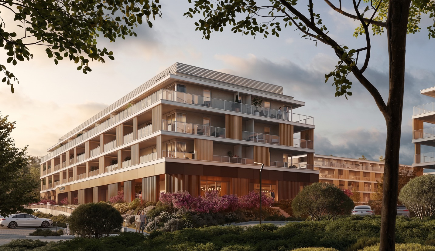 Nowoczesny budynek apartamentowy wśród zieleni