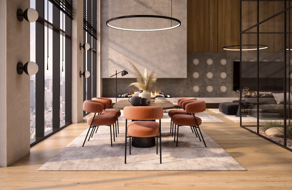 Jasny salon apartamentu z dużymi oknami