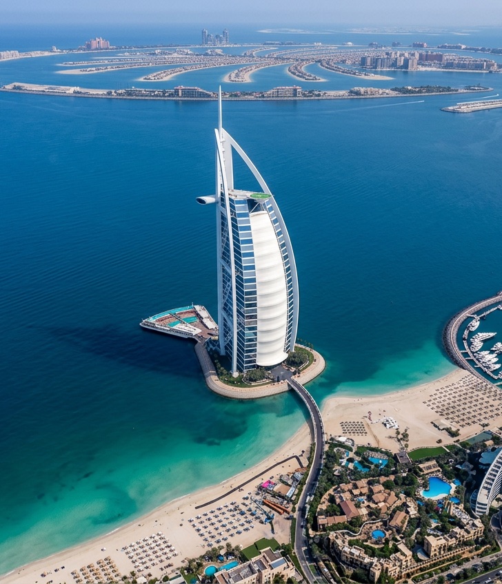Burj Al Arab i wybrzeże Dubaju z lotu ptaka